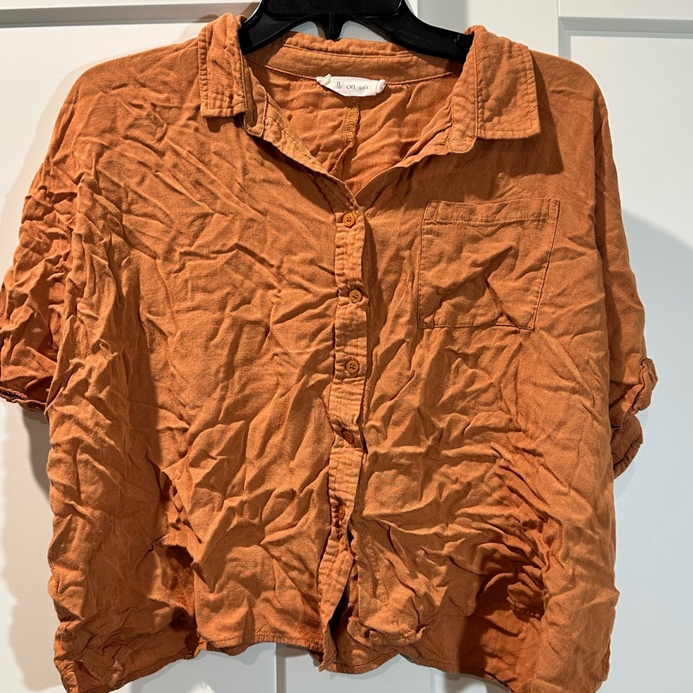 Burt orange button down mid-rise shirt, size large